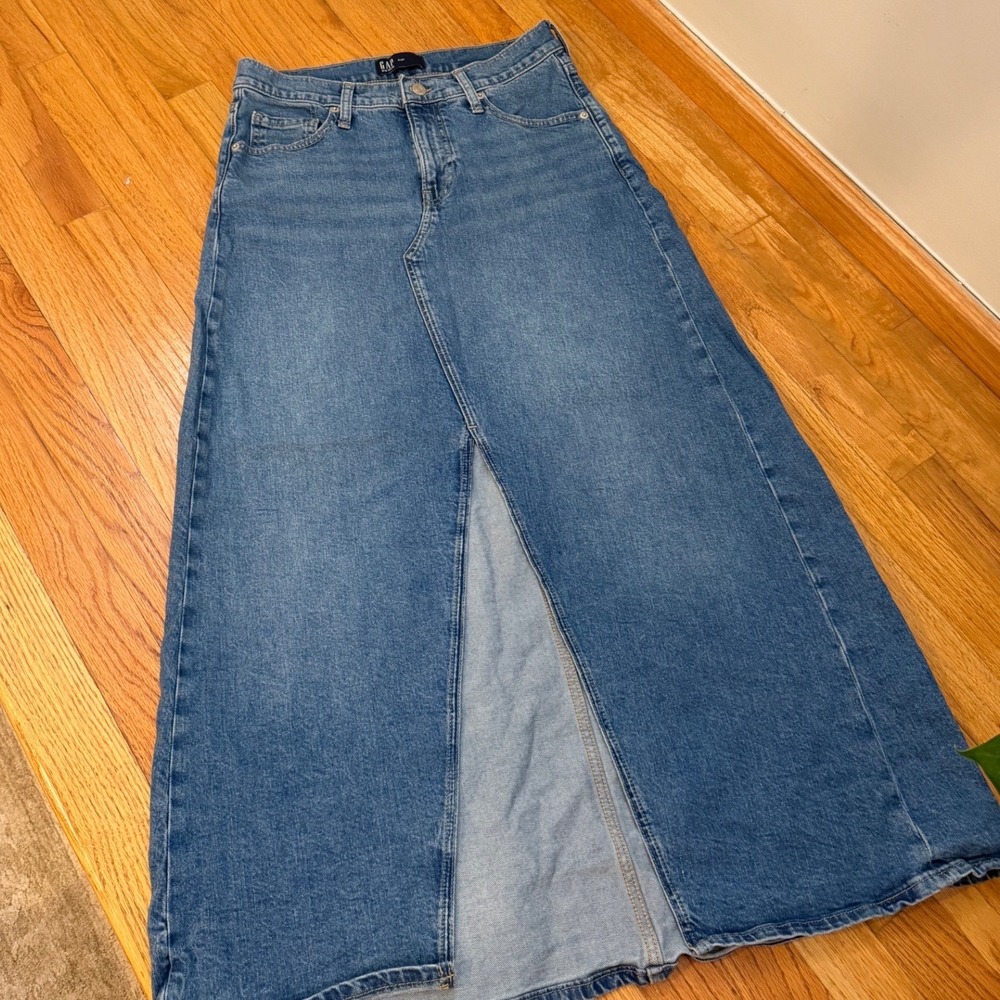 Gap Denim Maxi Skirt Womens 4/27 Medium Wash Blue Cotton Front Slit Long A-Line